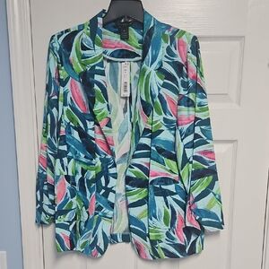 Investments 3/4 Ruched Sleeve Lightweight Open Front Blazer:Brushed Leaves: XL